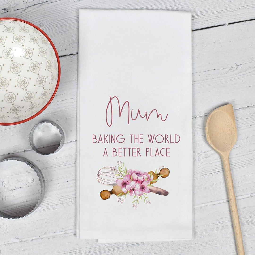 Mothers Day Tea Towel, Personalised Tea Towel, Bake The World A Better Place, Mum Baking Gift, Nan Gift, Mother&#39;s Day, Custom Baking Gifts - Amy Lucy