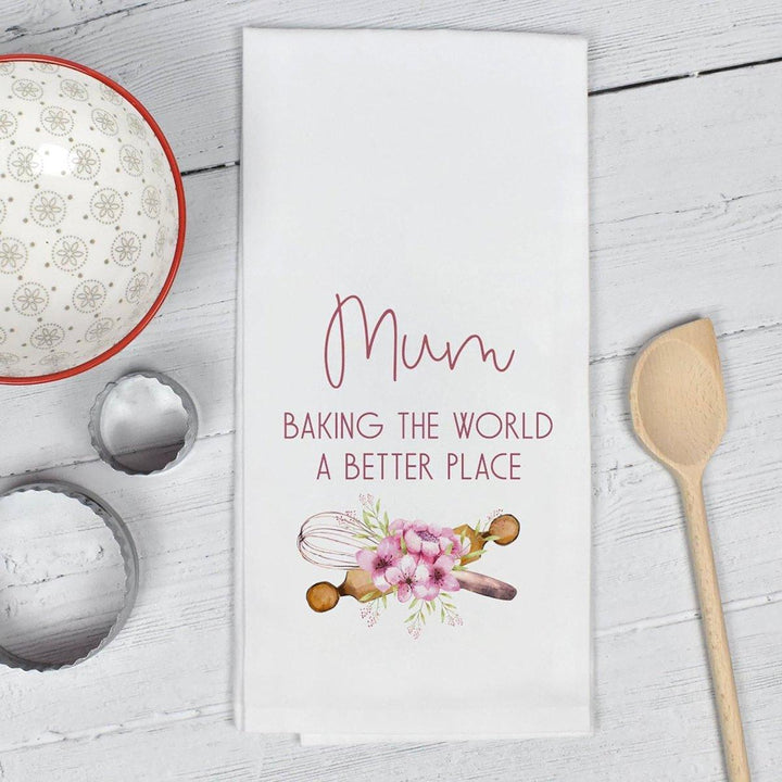 Mothers Day Tea Towel, Personalised Tea Towel, Bake The World A Better Place, Mum Baking Gift, Nan Gift, Mother&#39;s Day, Custom Baking Gifts - Amy Lucy