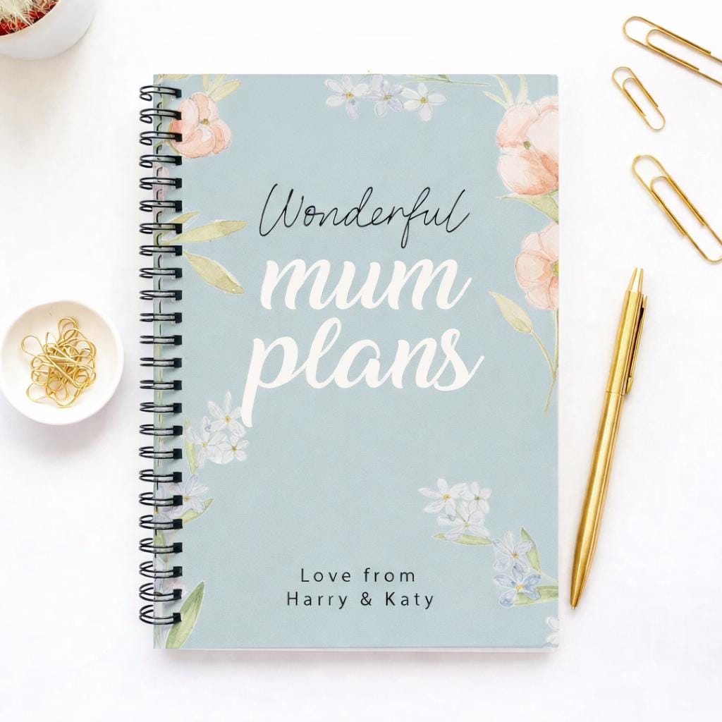 Notebook with 'Wonderful mum plans' text on a white surface with decorative items.