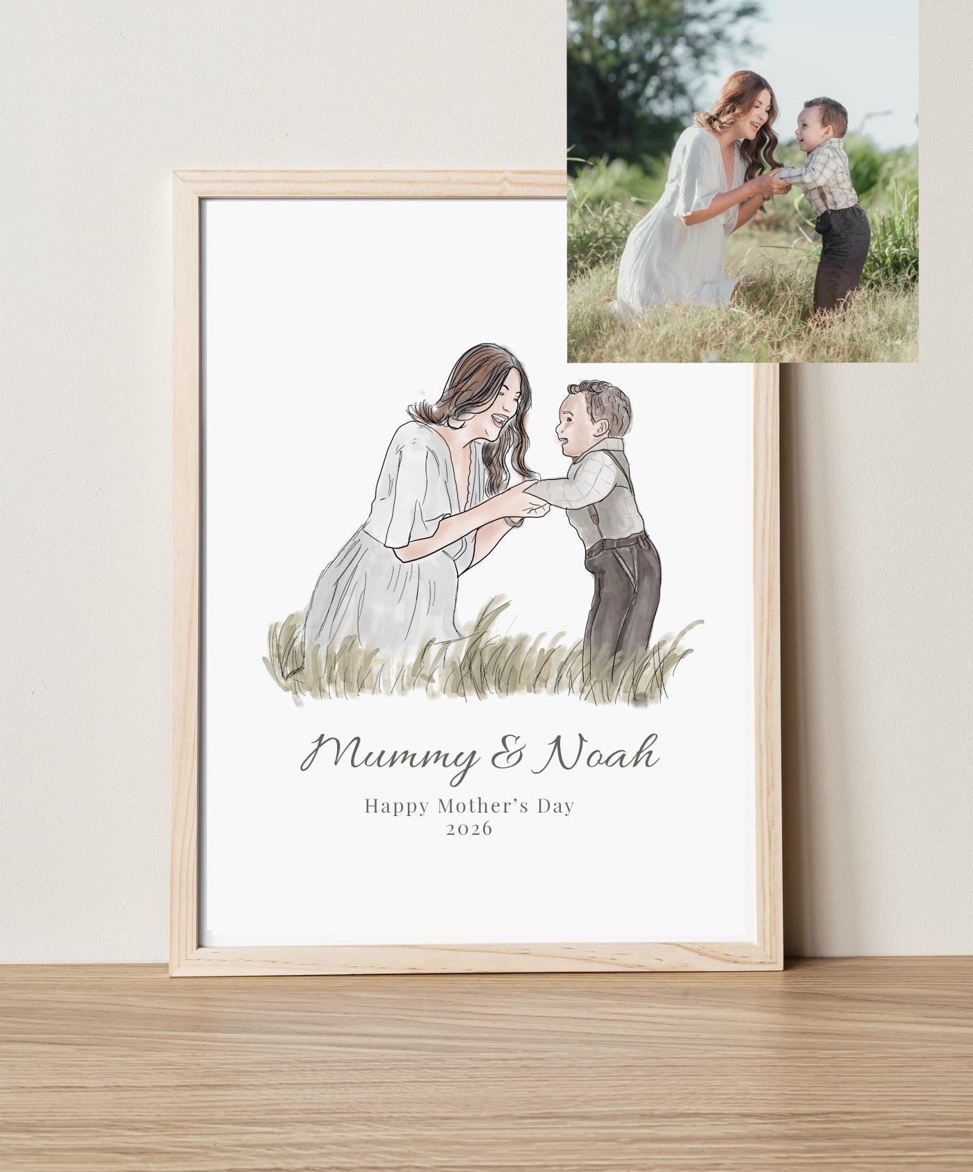 Framed illustration of a mother and child with a photo of a real mother and child in a field.