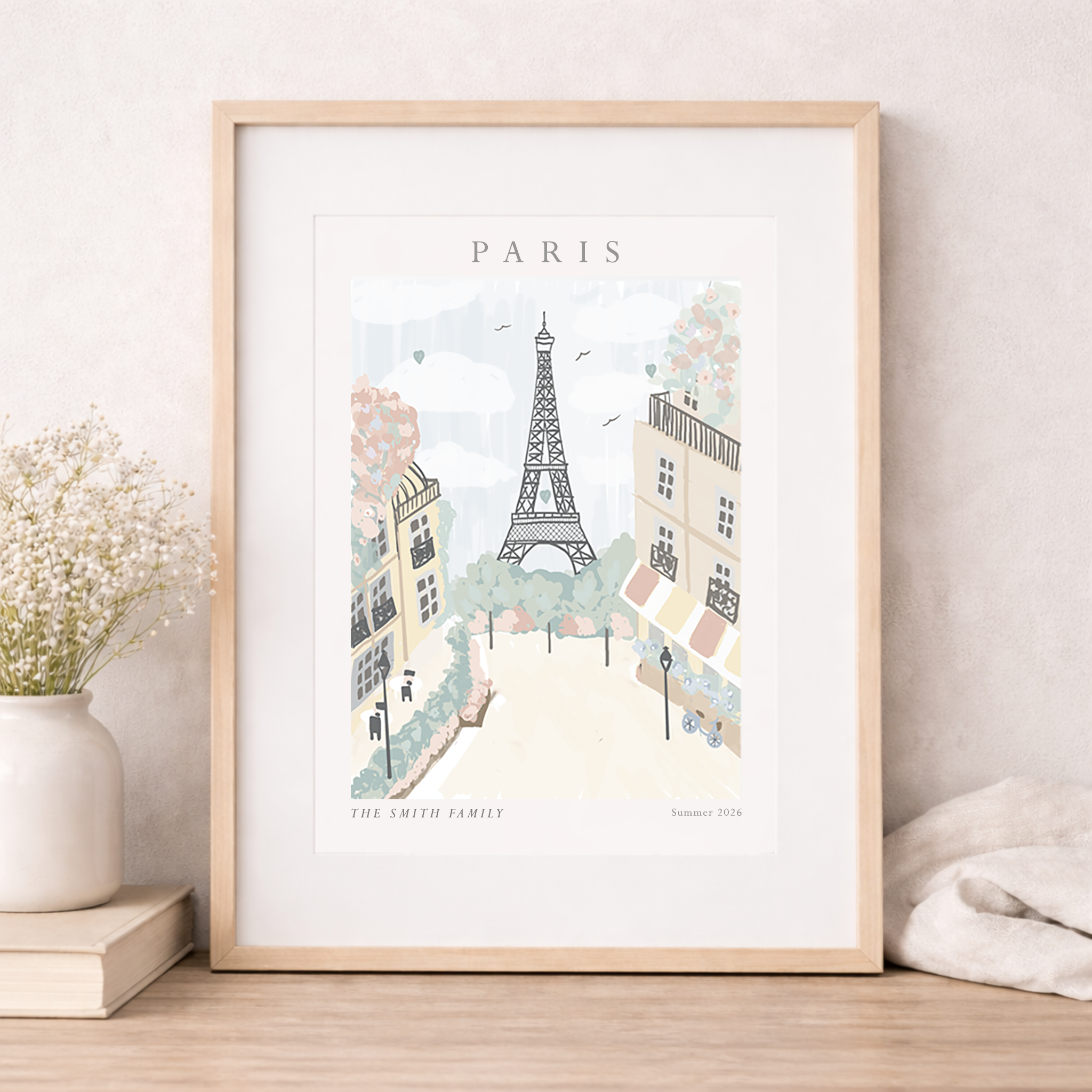 Framed artwork of Paris with Eiffel Tower on a light background