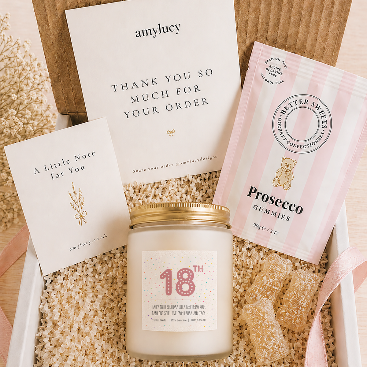 Close-up of the personalised label on the personalised 18th Birthday Candle Gift