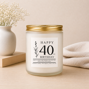 Close-up of the personalised label on the personalised 40th Birthday Candle Gift