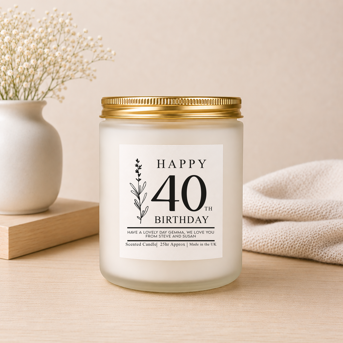 Close-up of the personalised label on the personalised 40th Birthday Candle Gift
