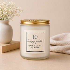 Close-up of the personalised label on the personalised Anniversary Candle Gift