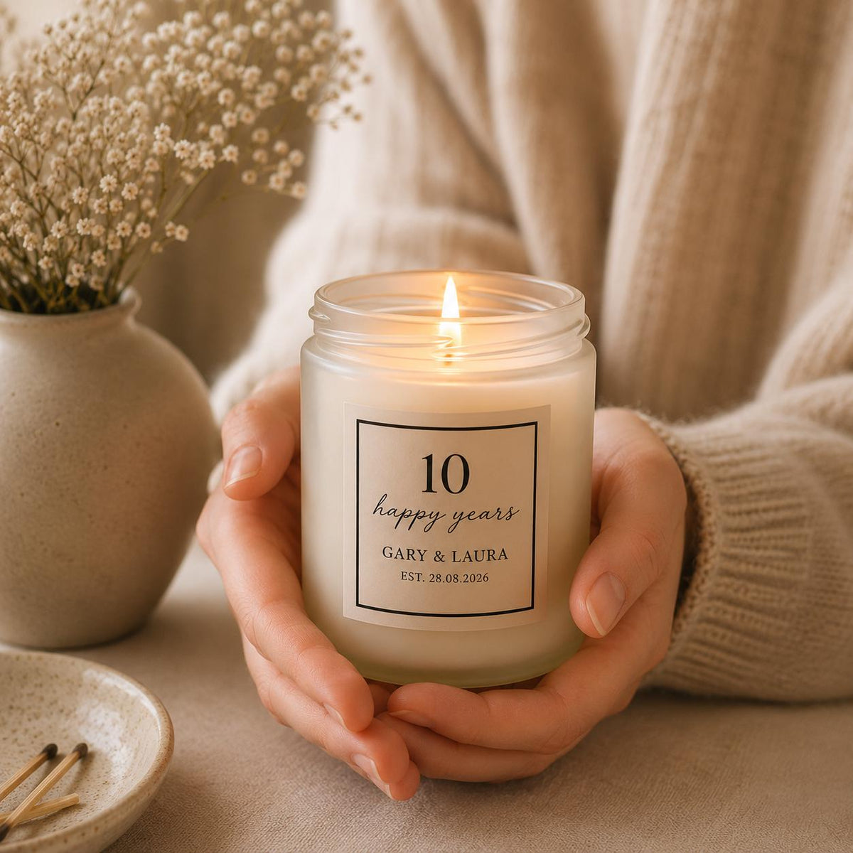 Personalised Anniversary Candle Gift shown from the front