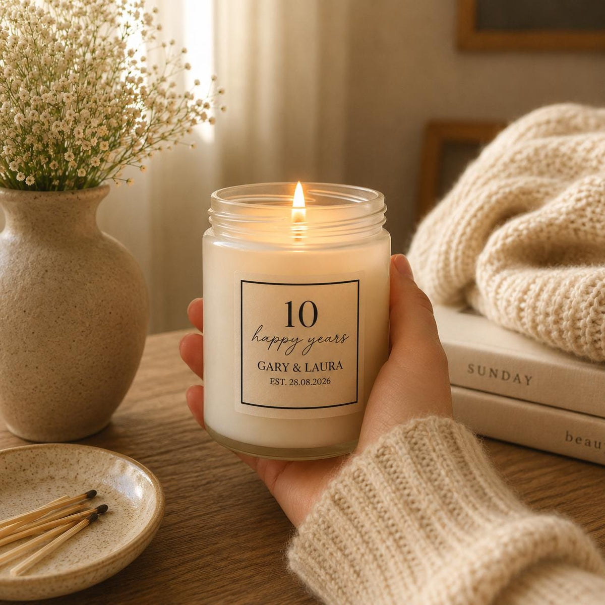 Personalised Anniversary Candle Gift styled as a thoughtful gift