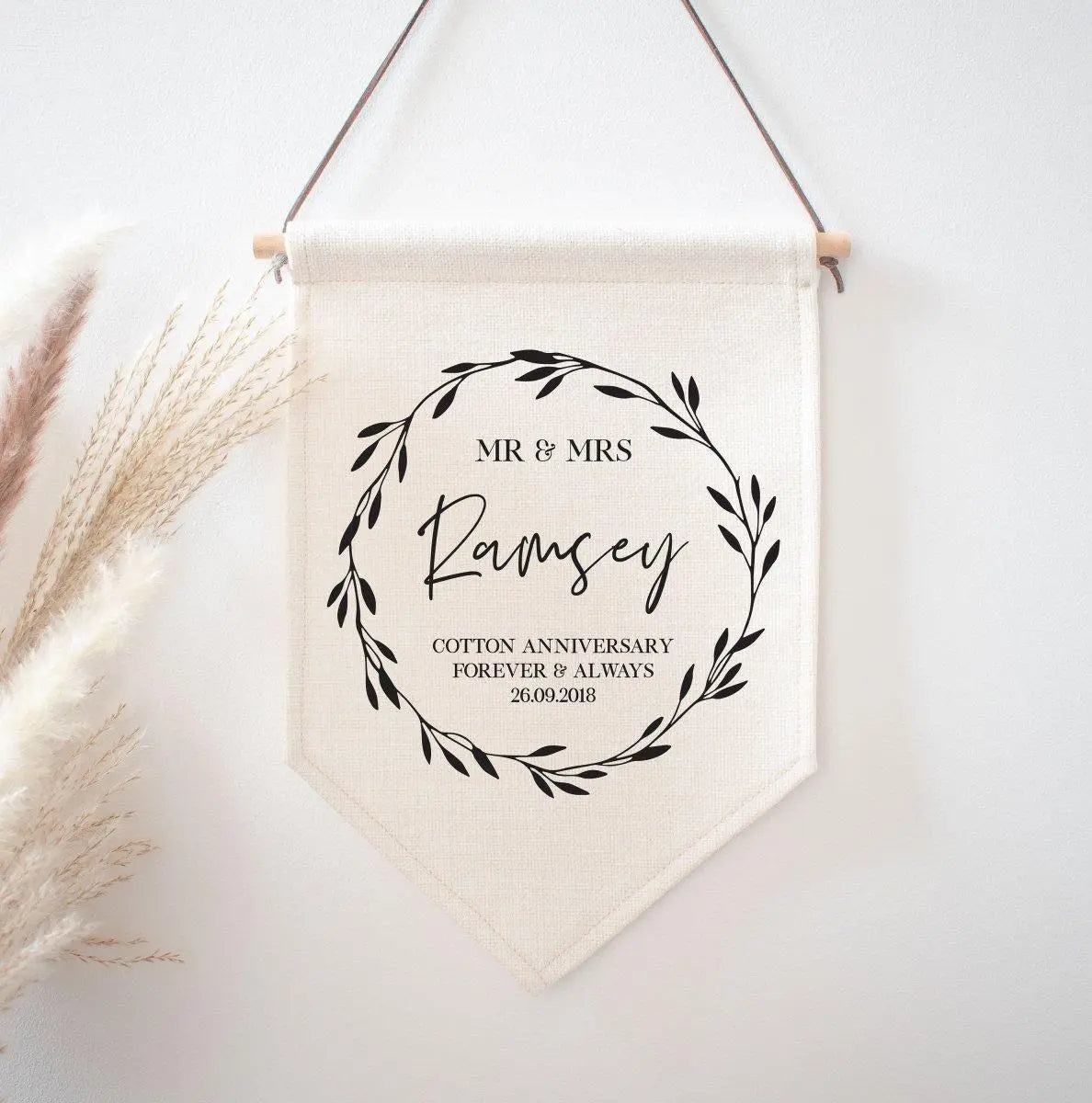 Personalised anniversary linen wall hanging.