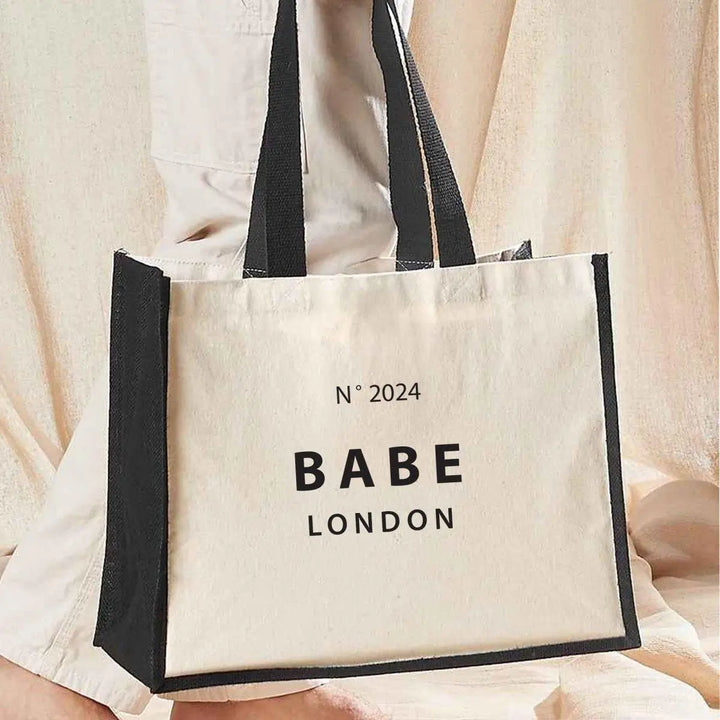 Personalised Babe Tote Bag, Custom Name Tote Bag, Bachelorette Jute Bag, Hen Party Travel Bag, Bridal Party Weekend Bag, Bags, Black Detail - Amy Lucy