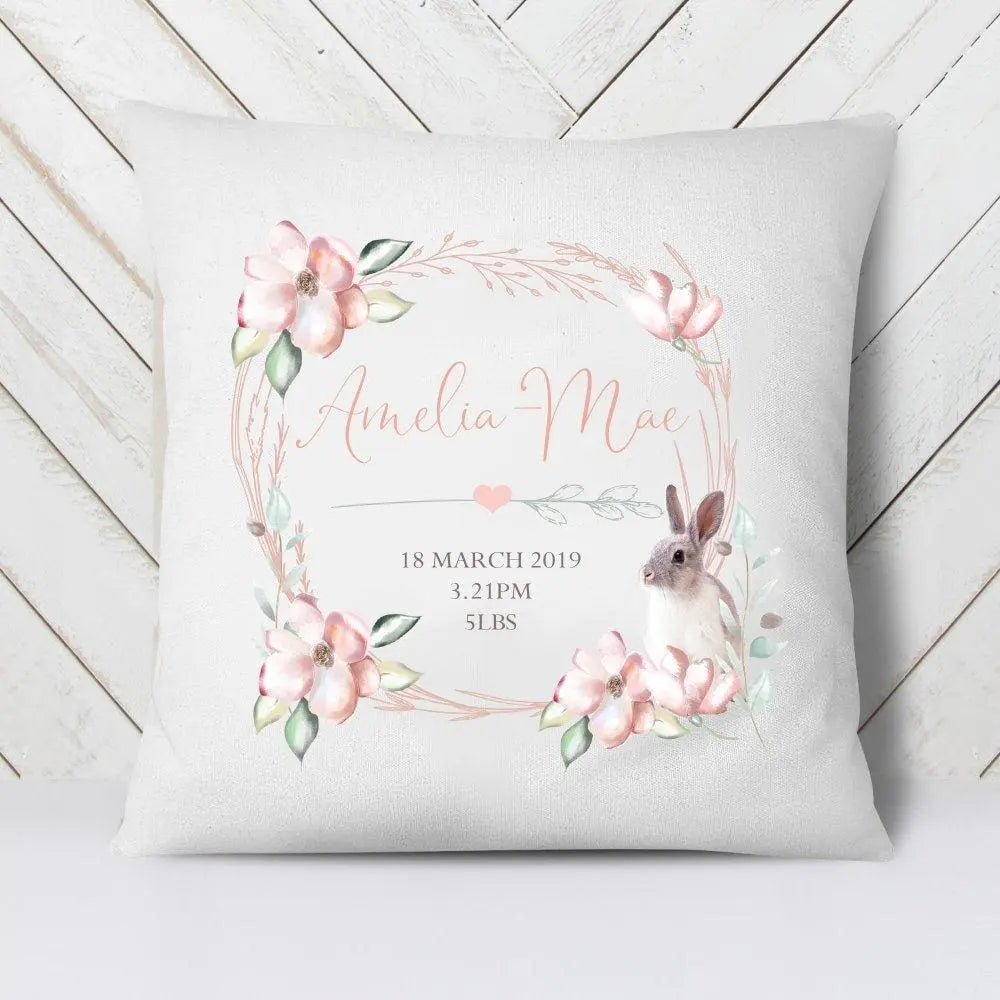 Personalised Baby Cushion, Baby Announcement Cushion, Rabbit Baby Room Cushion, Girls Room Decor, New Baby Girls Gifts
