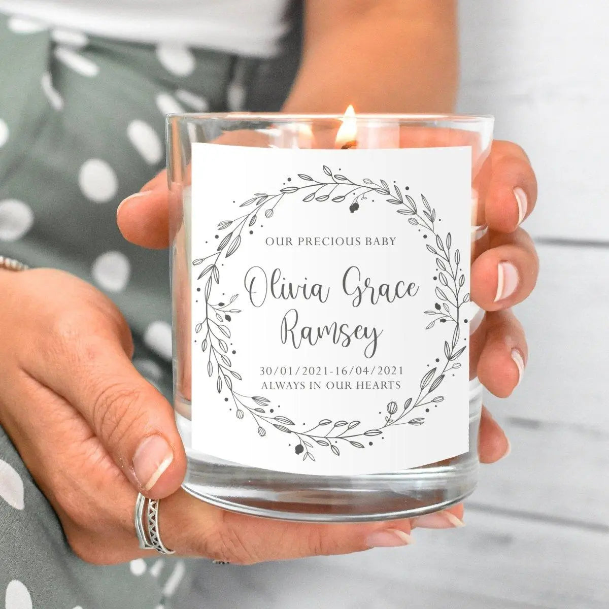 Close-up of the personalised label on the personalised Baby Loss Memorial Candle
