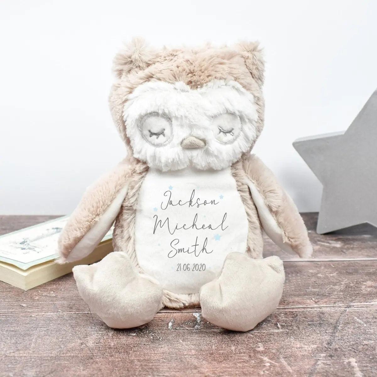 Personalised Baby Owl, New Baby Gift, Customised Plush Soft Toy, Your Name Teddy, Birth Cuddly Toy, Birth Name Date Teddy, Baby Shower Gift