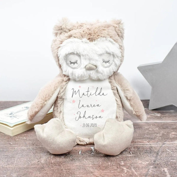 Personalised Baby Owl, New Baby Gift, Customised Plush Soft Toy, Your Name Teddy, Birth Cuddly Toy, Birth Name Date Teddy, Baby Shower Gift