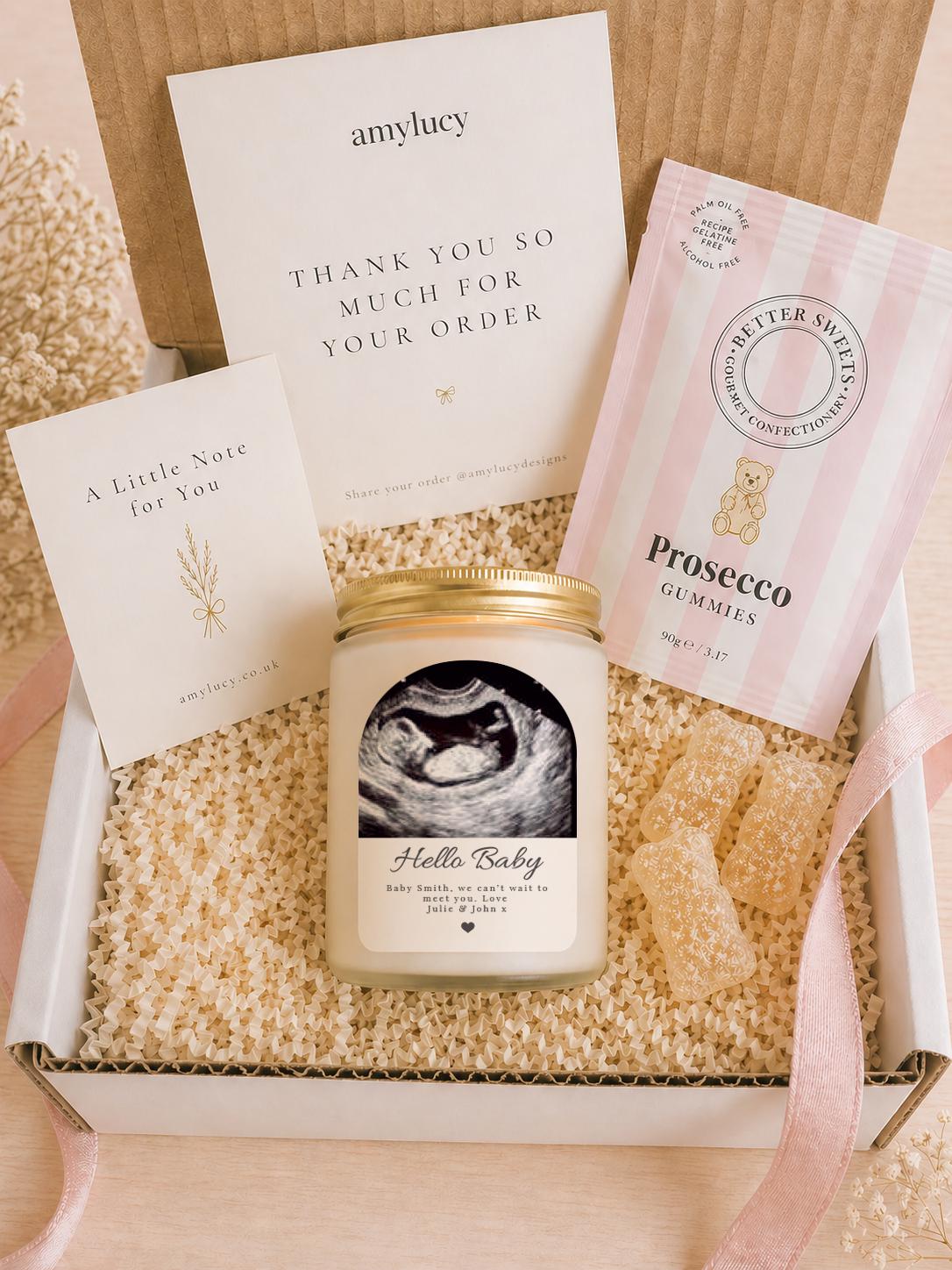 Lit personalised Baby Scan Photo Candle Gift in a styled setting
