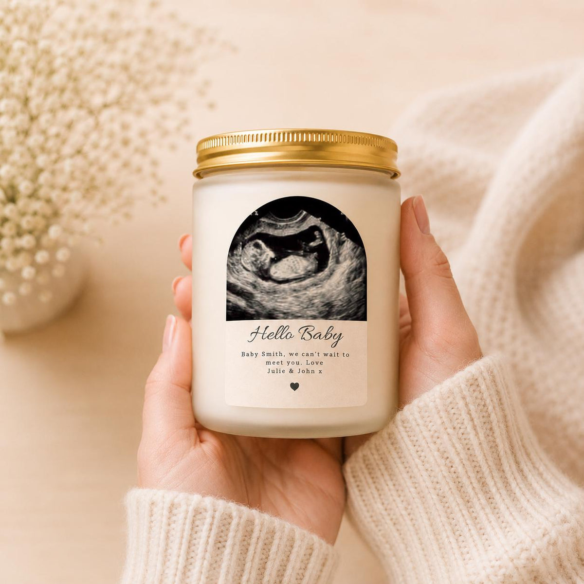 Personalised Baby Scan Photo Candle Gift styled as a thoughtful gift