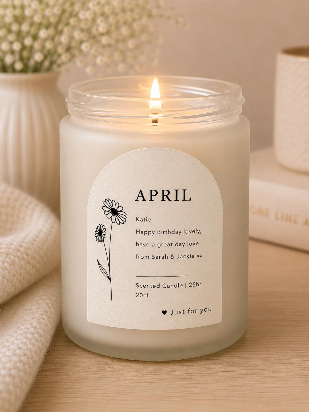 Close-up of the personalised label on the personalised Birth Flower Birthday Candle