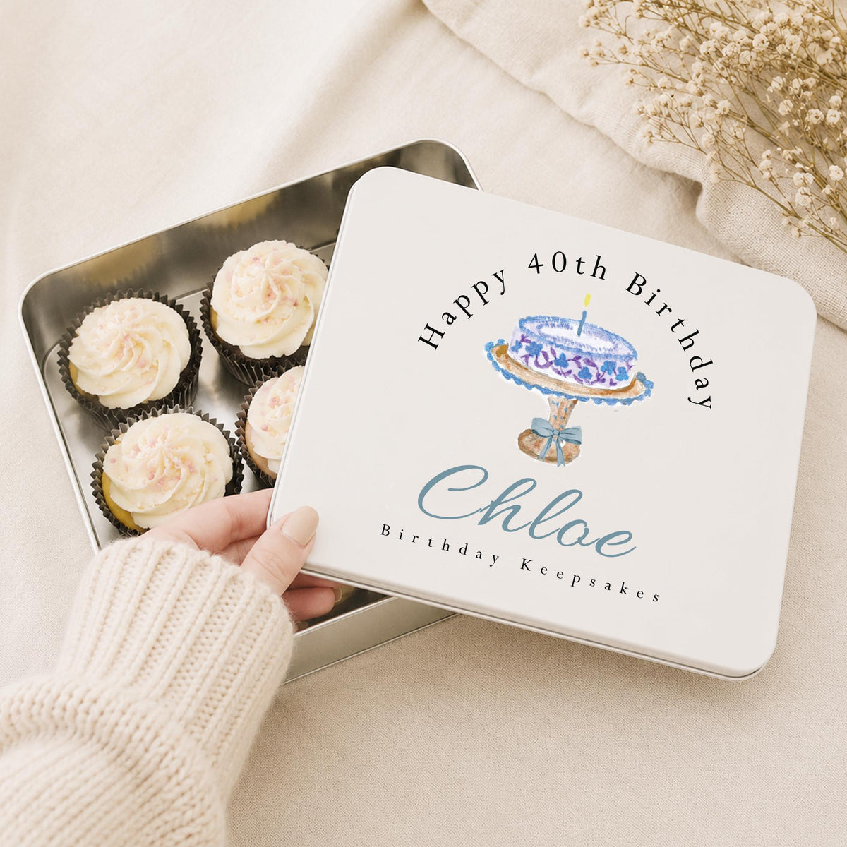 Personalised birthday keepsake tin with name, age and watercolour birthday cake artwork