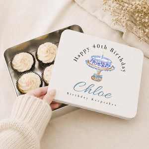 Personalised birthday keepsake tin with name, age and watercolour birthday cake artwork