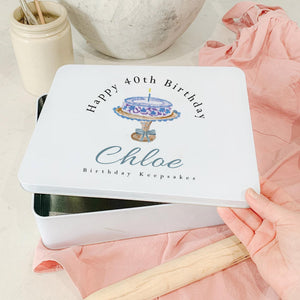Personalised birthday keepsake tin with name, age and watercolour birthday cake artwork