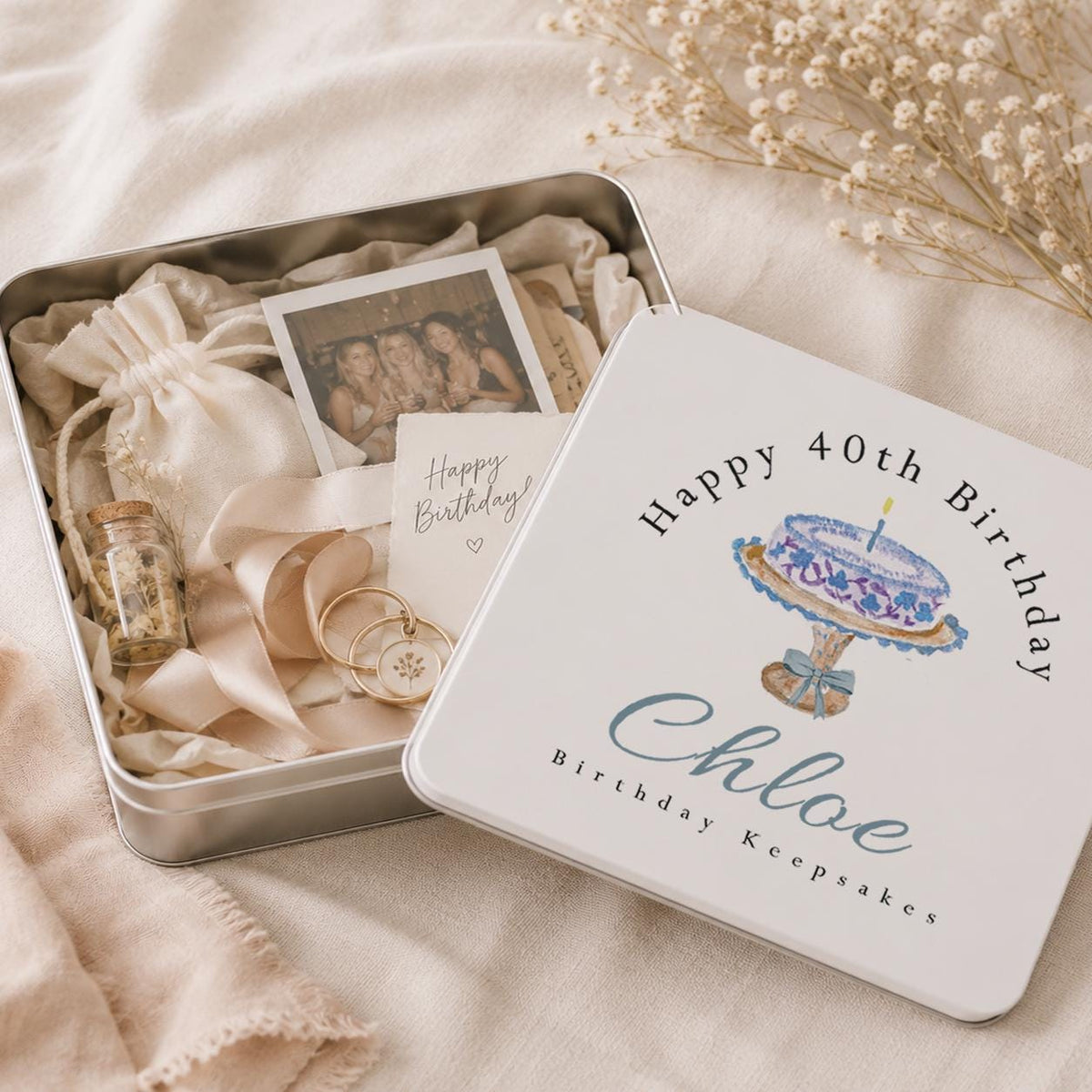 Personalised birthday keepsake tin with name, age and watercolour birthday cake artwork