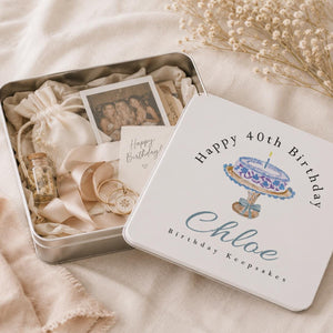 Personalised birthday keepsake tin with name, age and watercolour birthday cake artwork
