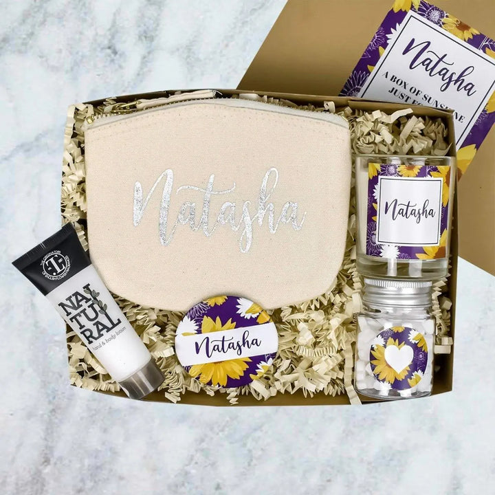 Personalised Box of Sunshine Gift, Personalised Cheer Up Gift Box, Personalised Thinking of You Gift Box, Box of Cheer, Bath and Beauty