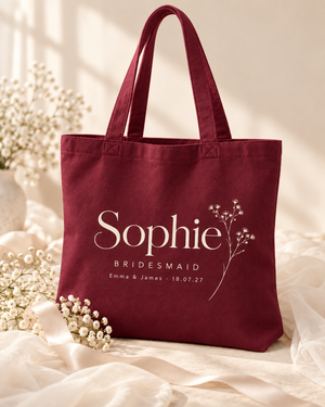 Burgundy personalised bridal party tote bag with name and bridesmaid role