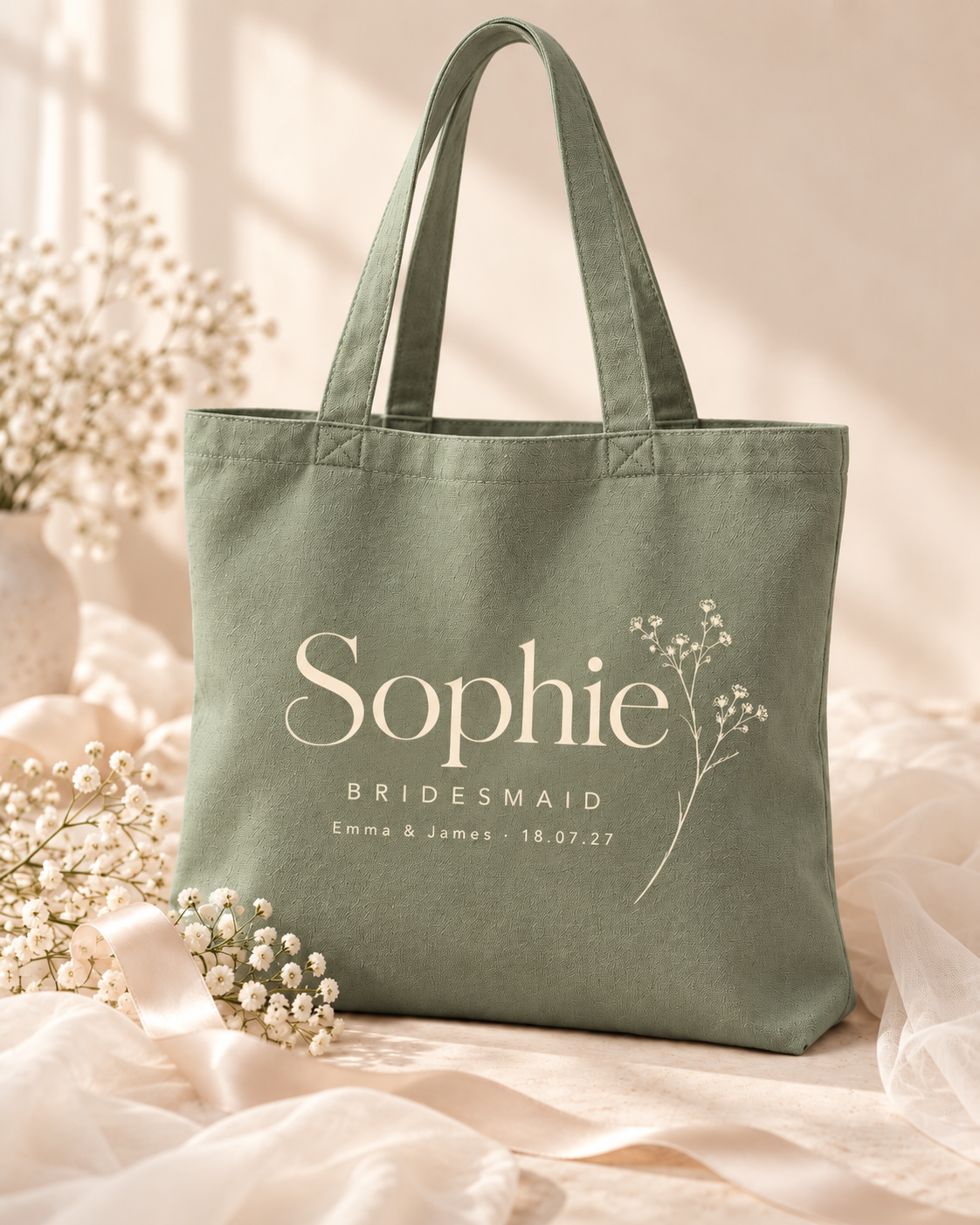 Dusty green personalised bridal party tote bag with name and bridesmaid role