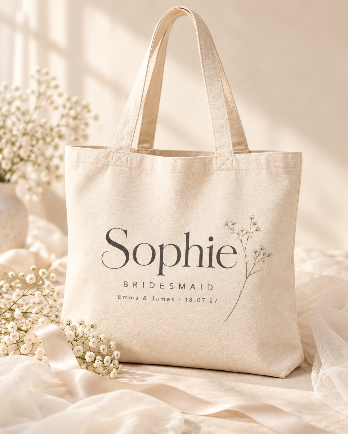 Natural personalised bridal party tote bag with name and bridesmaid role