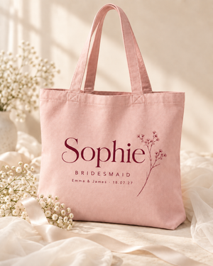 Rose pink personalised bridal party tote bag with name and bridesmaid role