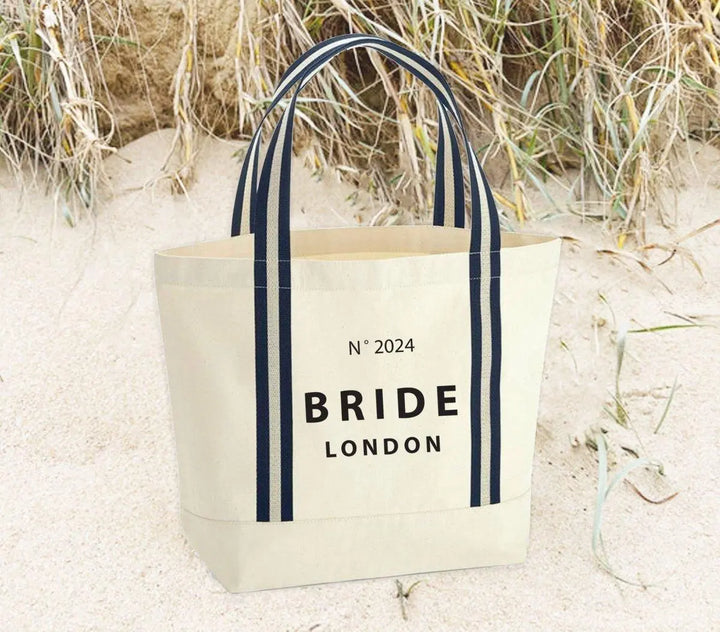 Personalised Bride Tote Bag, Custom Name Tote Bag, Bachelorette Jute Bag, Hen Party Travel Bag, Bridal Party Weekend Bag, Bags, Blue Stripe - Amy Lucy