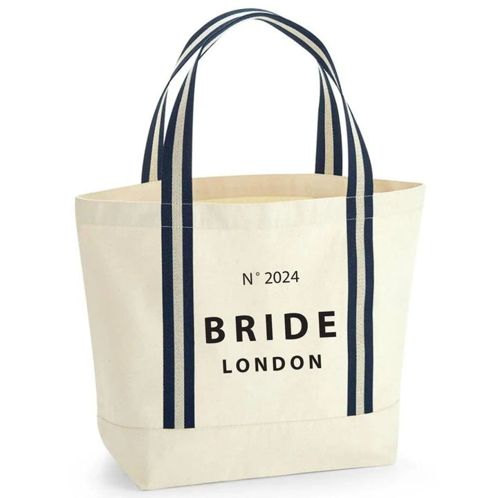 Personalised Bride Tote Bag, Custom Name Tote Bag, Bachelorette Jute Bag, Hen Party Travel Bag, Bridal Party Weekend Bag, Bags, Blue Stripe - Amy Lucy