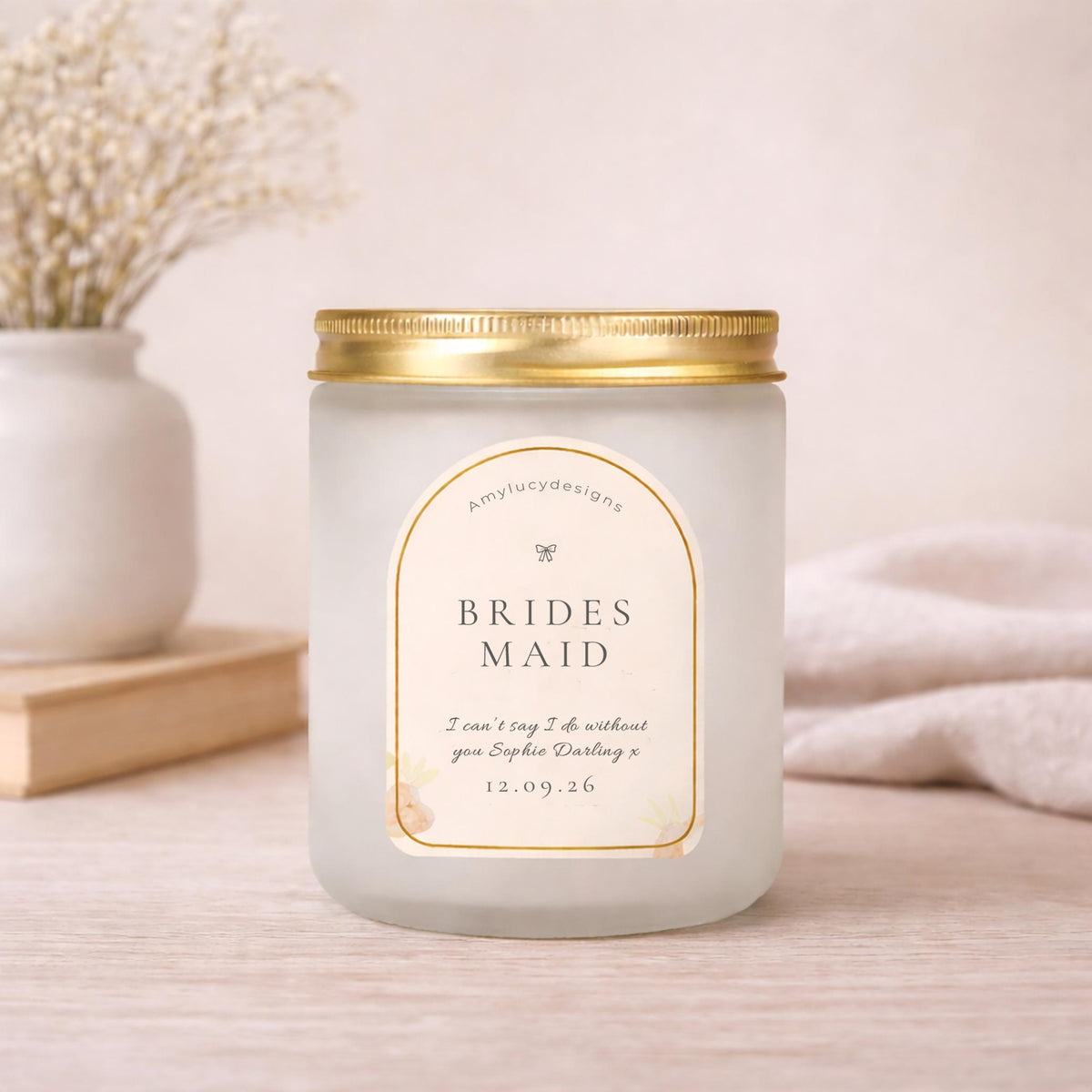 Close-up of the personalised label on the personalised Bridesmaid Proposal Candle