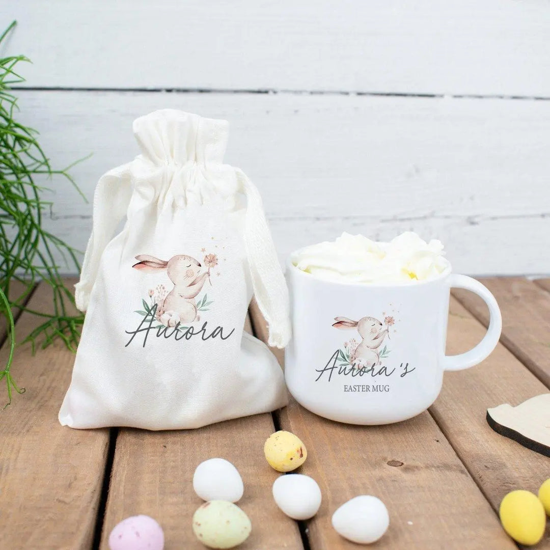 Personalised Bunny Easter Mug, Easter Hot Chocolate Mug, Child&#39;s Easter Cup, Easter Mug Gift Set, Personalised Easter Cup, Easter Egg Bag