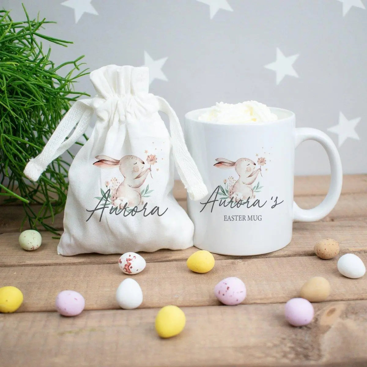 Personalised Bunny Easter Mug, Easter Hot Chocolate Mug, Child&#39;s Easter Cup, Easter Mug Gift Set, Personalised Easter Cup, Easter Egg Bag