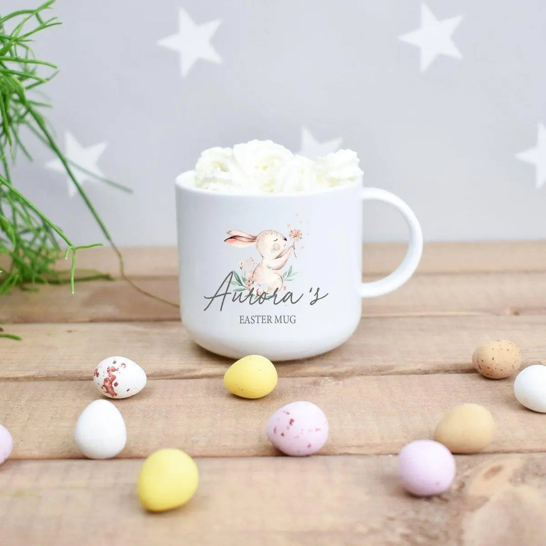 Personalised Bunny Easter Mug, Easter Hot Chocolate Mug, Child&#39;s Easter Cup, Easter Mug Gift Set, Personalised Easter Cup, Easter Egg Bag