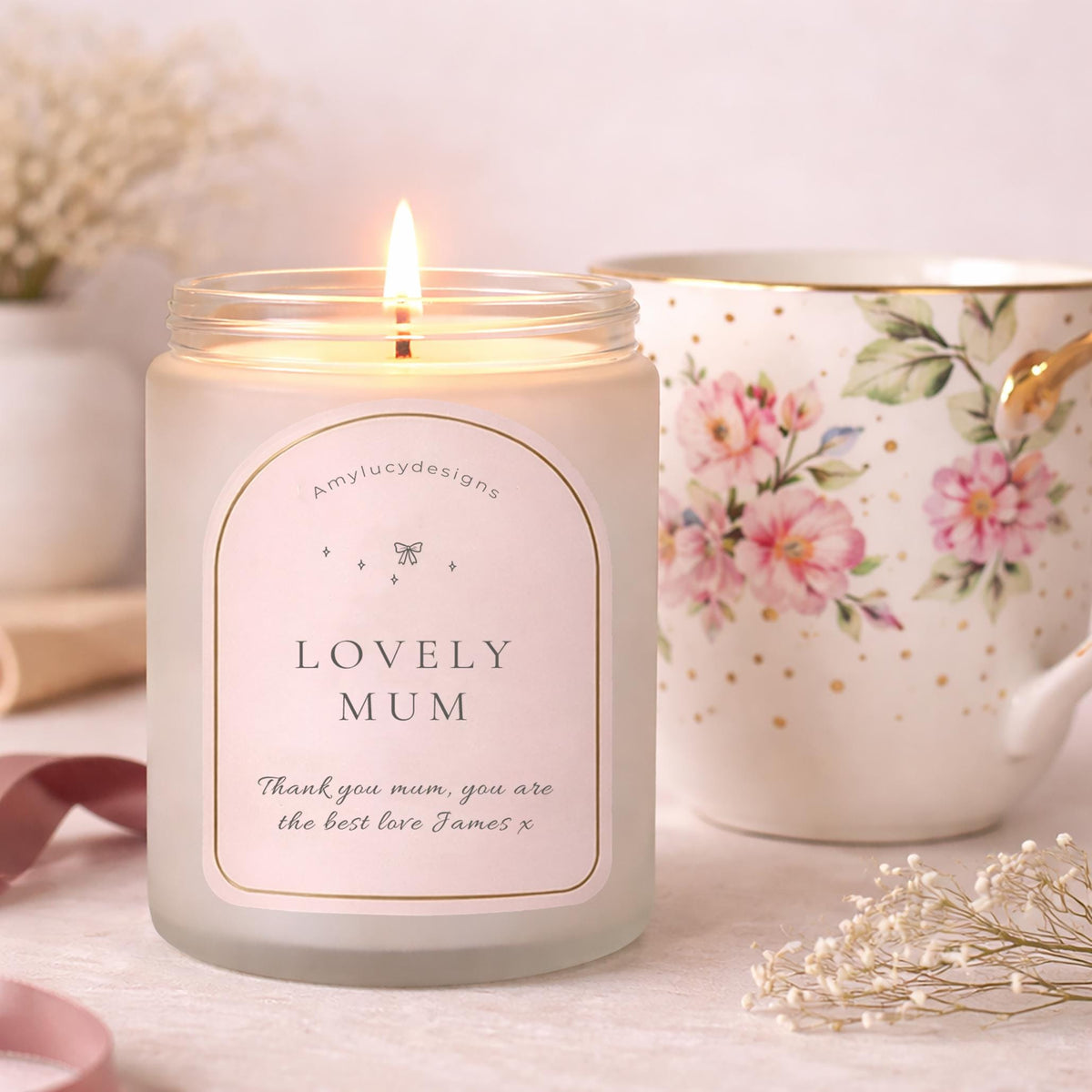 Close-up of the personalised label on the personalised Candle Gift for Mum