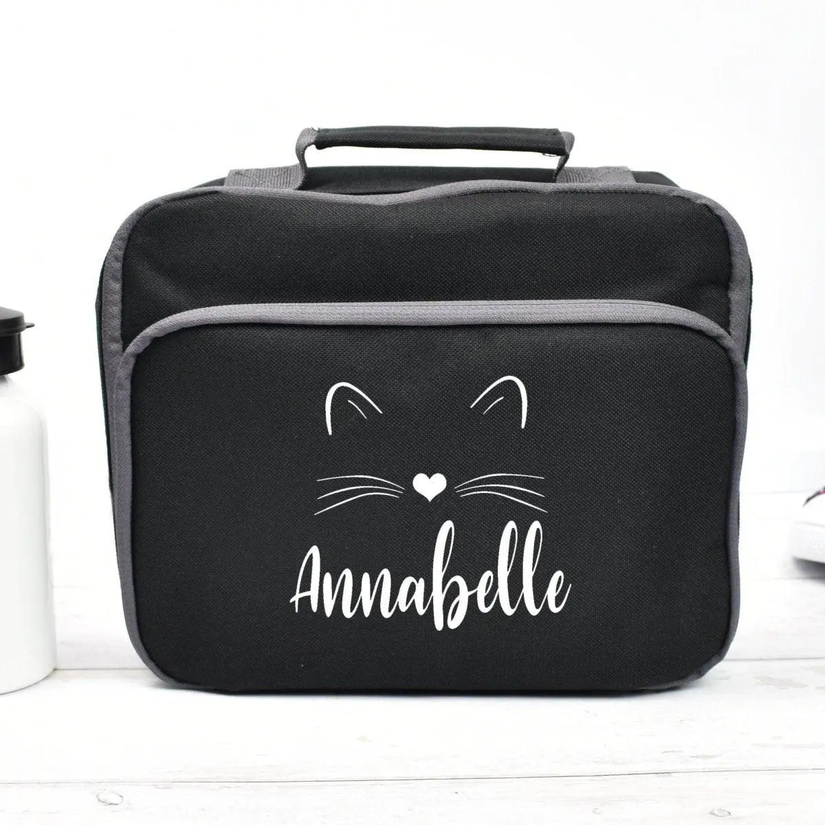 Personalised Cat Lunch Bag, Child&#39;s Lunch Bag, Personalised Lunch Bag, Back To School, Girls Lunch Bag, Black, School Food Bag, Cool Bag.