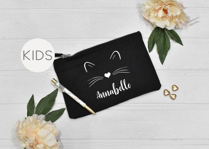 Personalised Cat Pencil Case, Child&#39;s Pencil Case, Personalised Pencil Case, Back To School, Girls Pencil Case, Black, School Sanitary Bag,