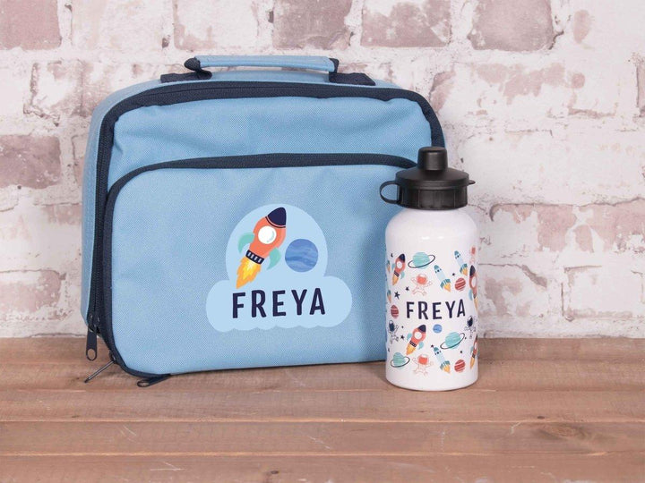 Personalised Childs Space Lunch Box, Childs Space Water Bottle, Child Space School Bag, Rocket Lunch Bag, Rocket Water Bottle,