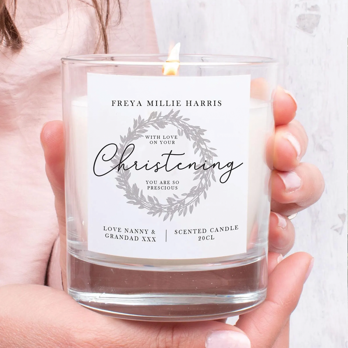 Personalised Christening Candle Gift shown from the front