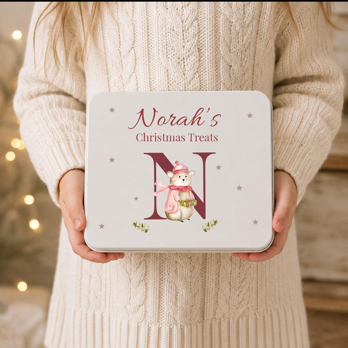 Personalised Christmas treat tin for kids with watercolour winter mouse, name and initial
