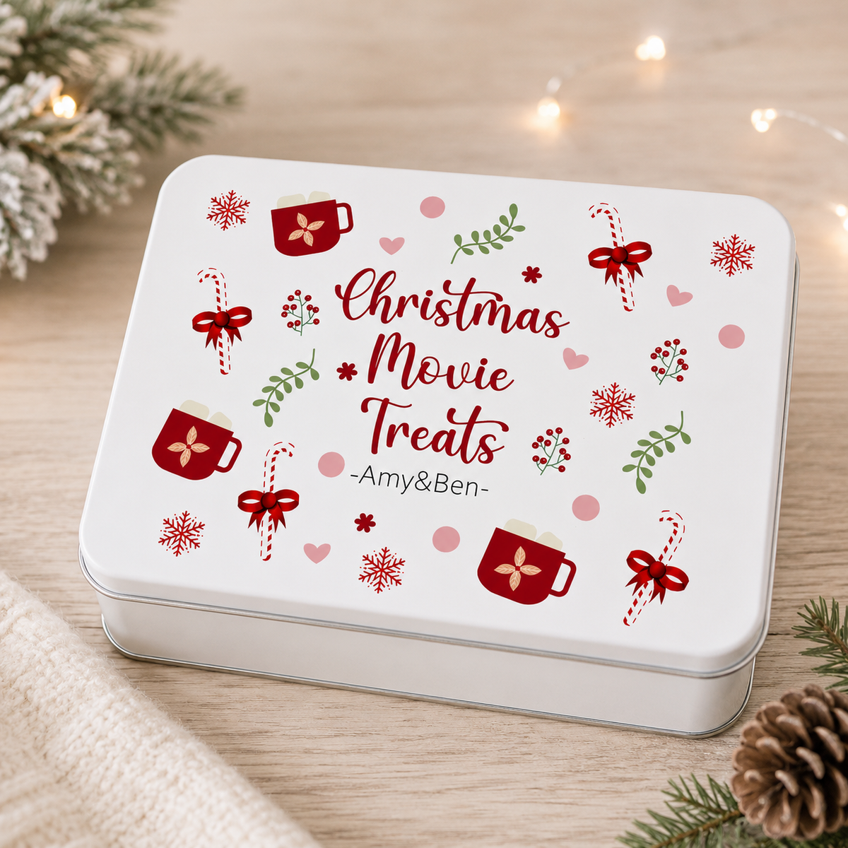 Personalised Christmas movie sweet tin with custom name or family name