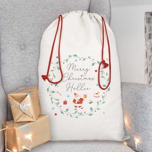 Personalised Christmas Sack, Christmas Santa Sack, Watercolour Xmas Sack, Xmas Gift Bag, Custom Wreath Christmas Eve Sack, Xmas Gift Sack - Amy Lucy