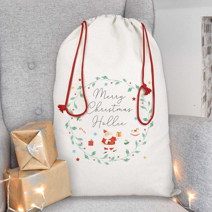 Personalised Christmas Sack, Christmas Santa Sack, Watercolour Xmas Sack, Xmas Gift Bag, Custom Wreath Christmas Eve Sack, Xmas Gift Sack - Amy Lucy