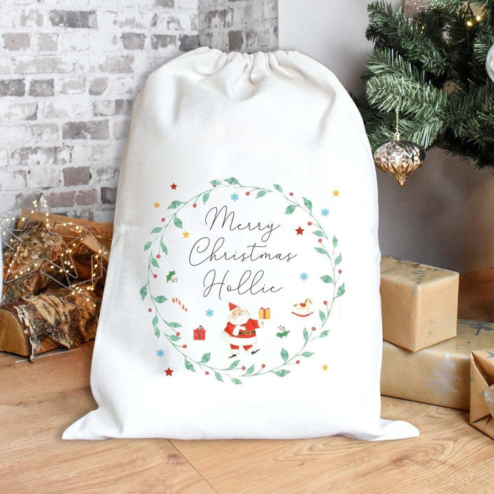 Personalised Christmas Sack, Christmas Santa Sack, Watercolour Xmas Sack, Xmas Gift Bag, Custom Wreath Christmas Eve Sack, Xmas Gift Sack - Amy Lucy