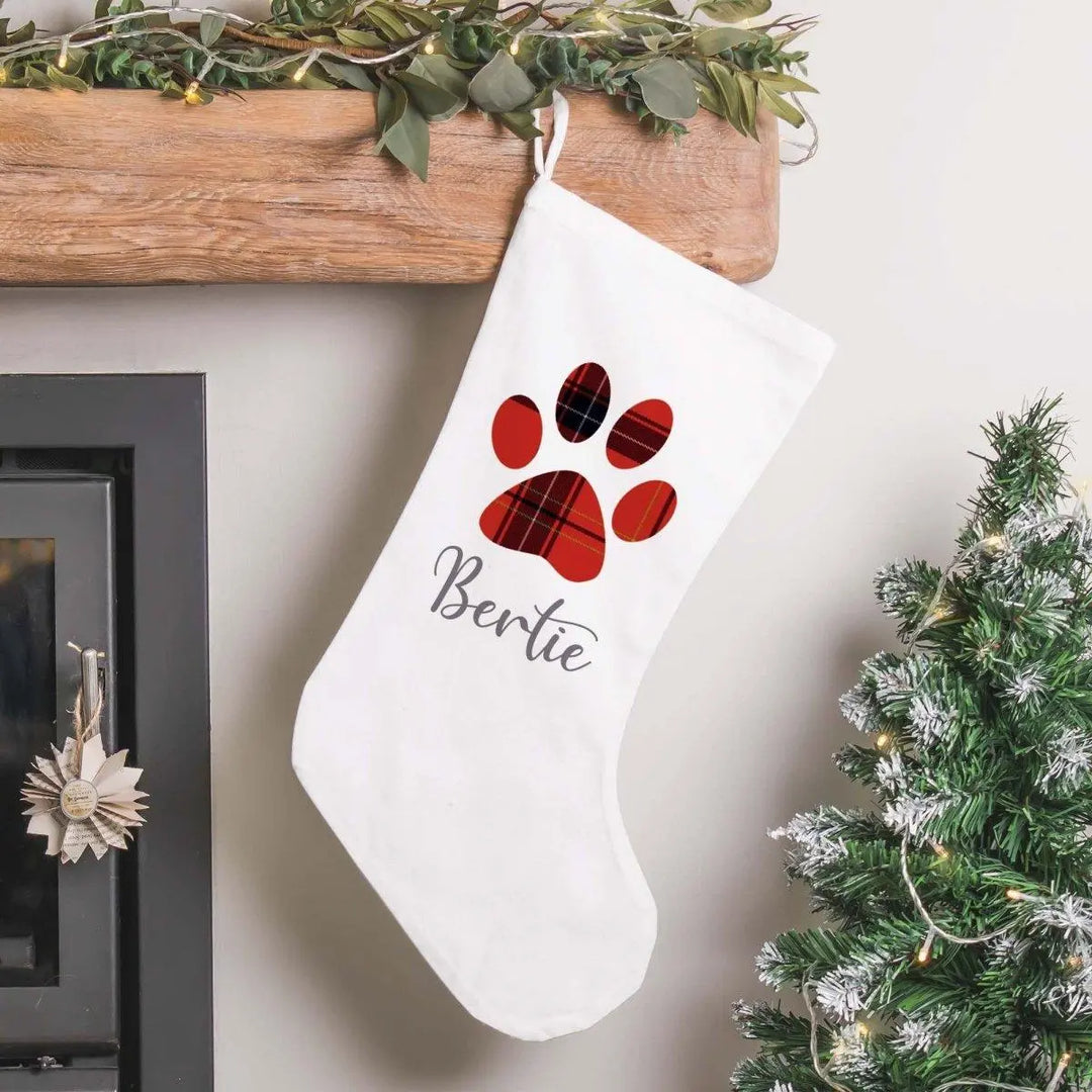 Personalised Christmas Stocking, Dog Stocking, Red Tartan Paw, Animal Stockings, Matching Stockings, Name Christmas Stocking, Pet Stocking - Amy Lucy