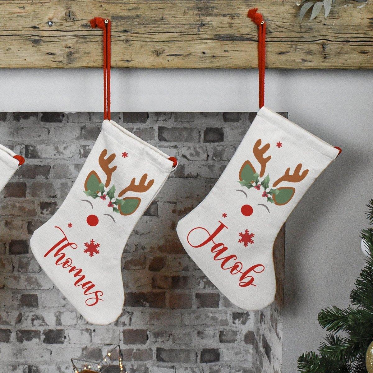Personalised Christmas Stocking, Reindeer Christmas Stocking, Personalised Linen Stockings, Christmas Family Decoration, Holiday Stocking - Amy Lucy