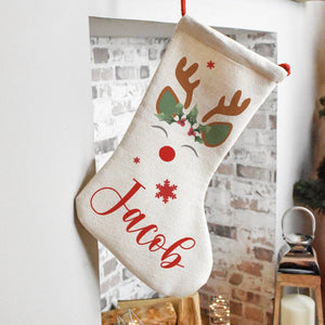 Personalised Christmas Stocking, Reindeer Christmas Stocking, Personalised Linen Stockings, Christmas Family Decoration, Holiday Stocking - Amy Lucy