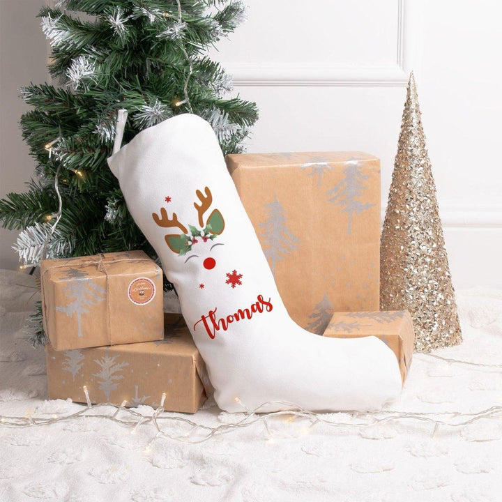 Personalised Christmas Stocking, Reindeer Christmas Stocking, Personalised Linen Stockings, Christmas Family Decoration, Holiday Stocking - Amy Lucy